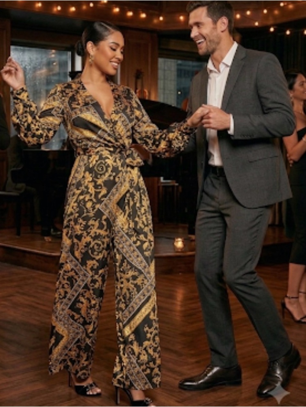 Fashion Nova Black & Gold Baroque Wrap Jumpsuit